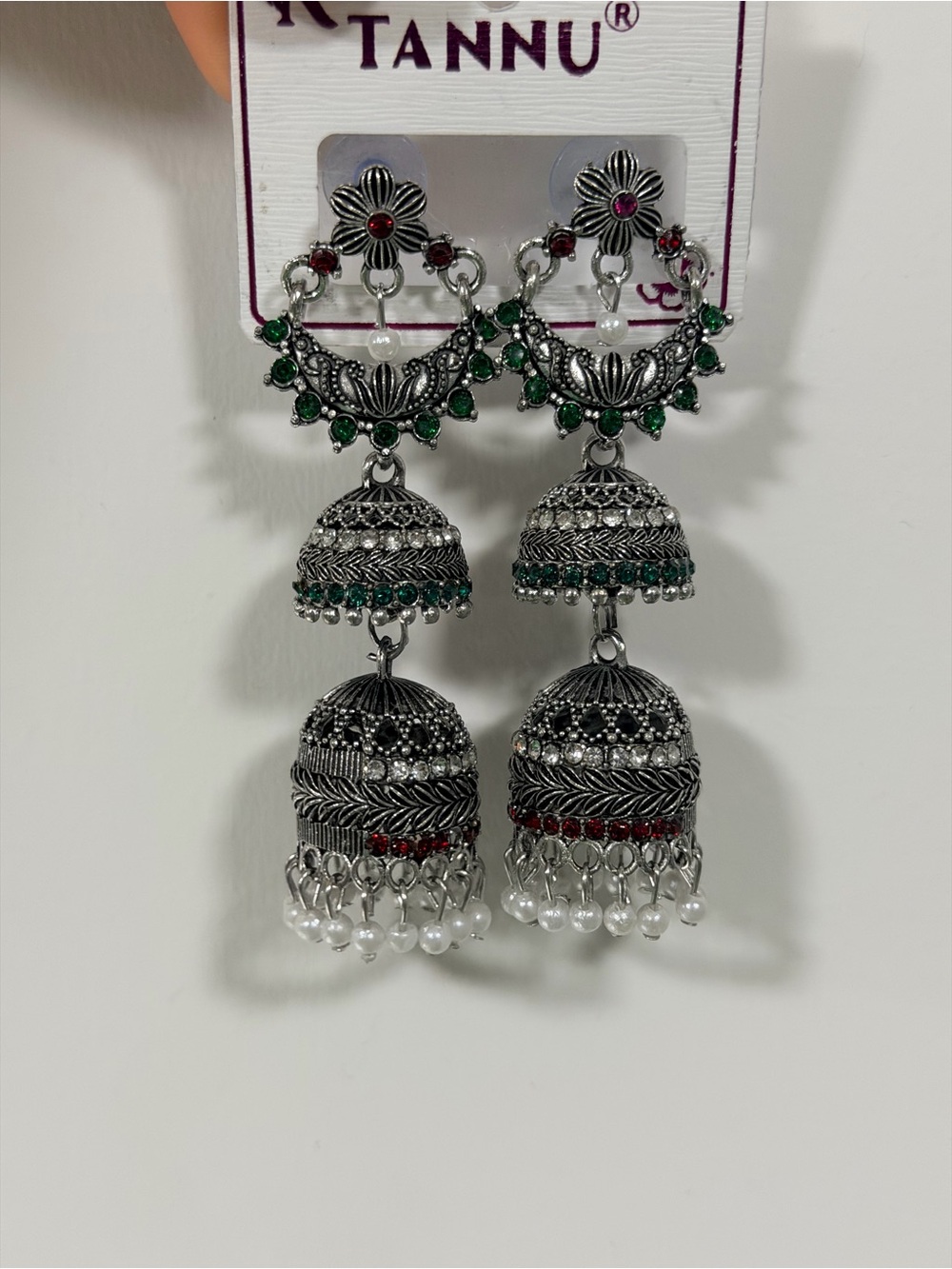 Tannu Silver-Tone Green & Red Jhumka Earrings with Pearl Drops